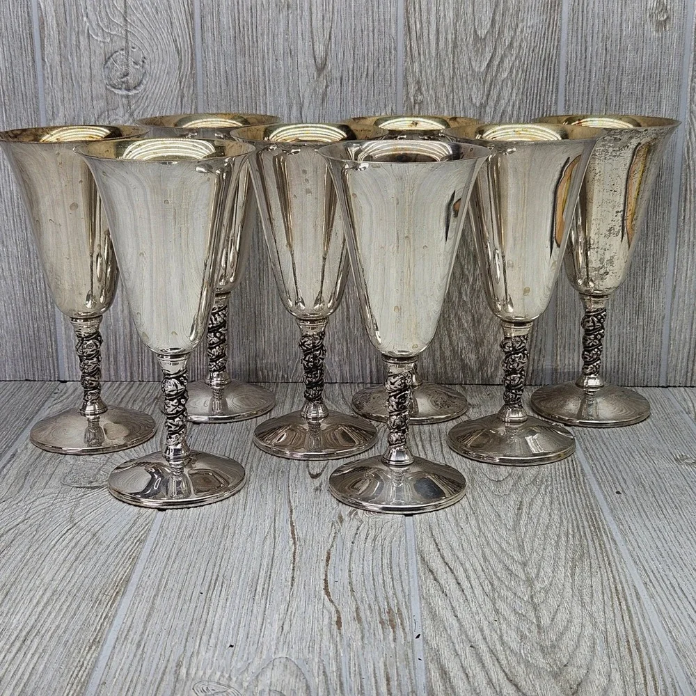 Valero EPB Silver Plated Water Goblets Set of 8 Grape Made in Spain Wine 7in